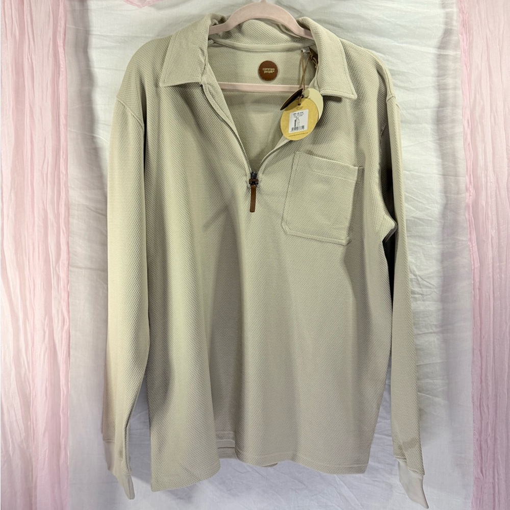 Common People Garter Polo Raised Texture Quarter Zip in Stone | Size L